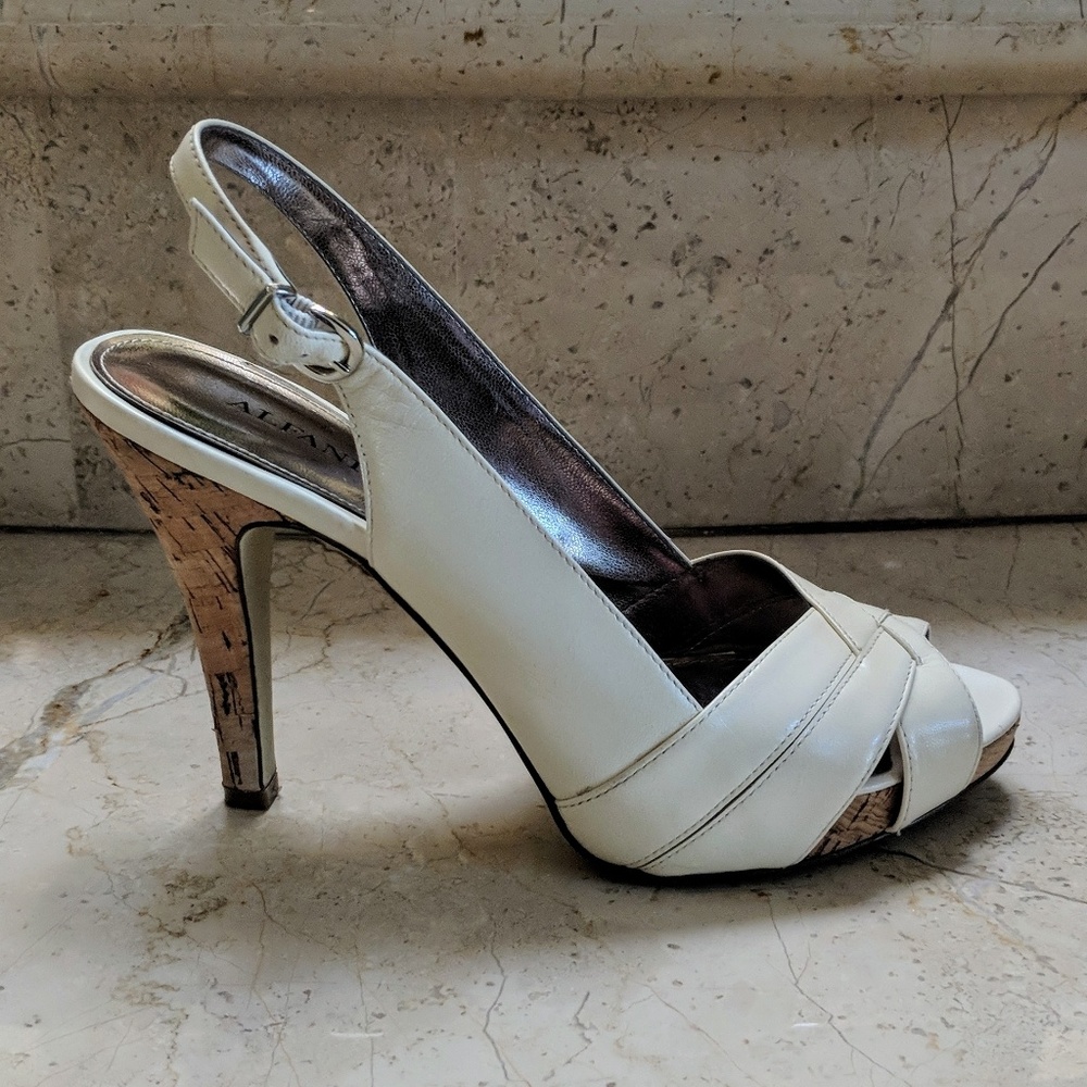 Alfani Cream Leather Open Toe Slingback Pumps
